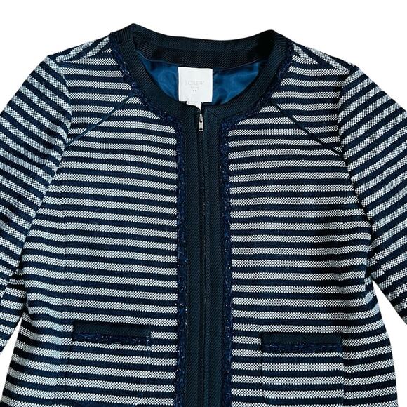 J. Crew Women’s Sz 8 Blue Stripe Blazer Jacket Tweed Zip Front Cropped - Picture 4 of 13